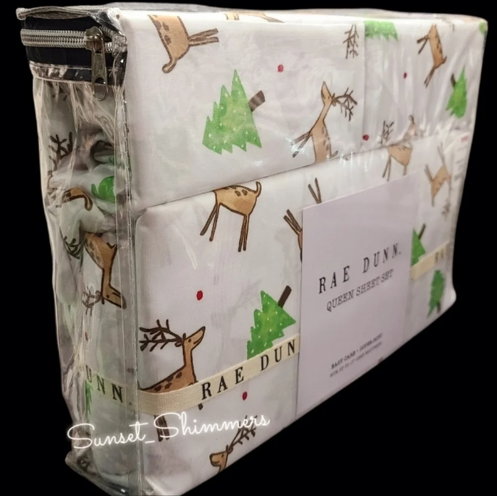 Rae Dunn Stag Reindeer Christmas Tree Queen Bed Sheet Set Decor New